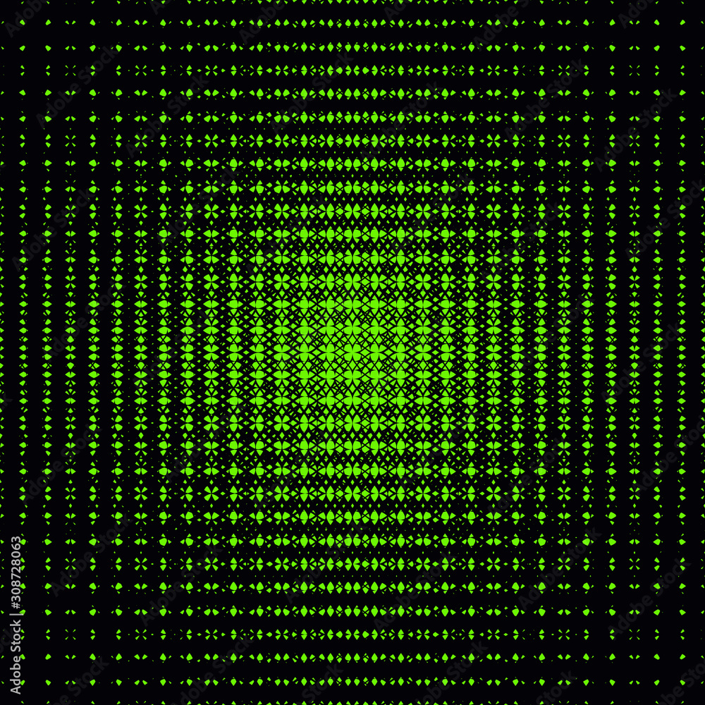Vector abstract geometric seamless pattern with fading mesh, net, weave, tissue. Radial halftone transition effect. Trendy black and neon green graphic background. Optical art texture. Stylish design Vector abstract geometric seamless pattern with fading mesh, net, weave, tissue. Radial halftone transition effect. Trendy black and neon green graphic background. Optical art texture. Stylish design