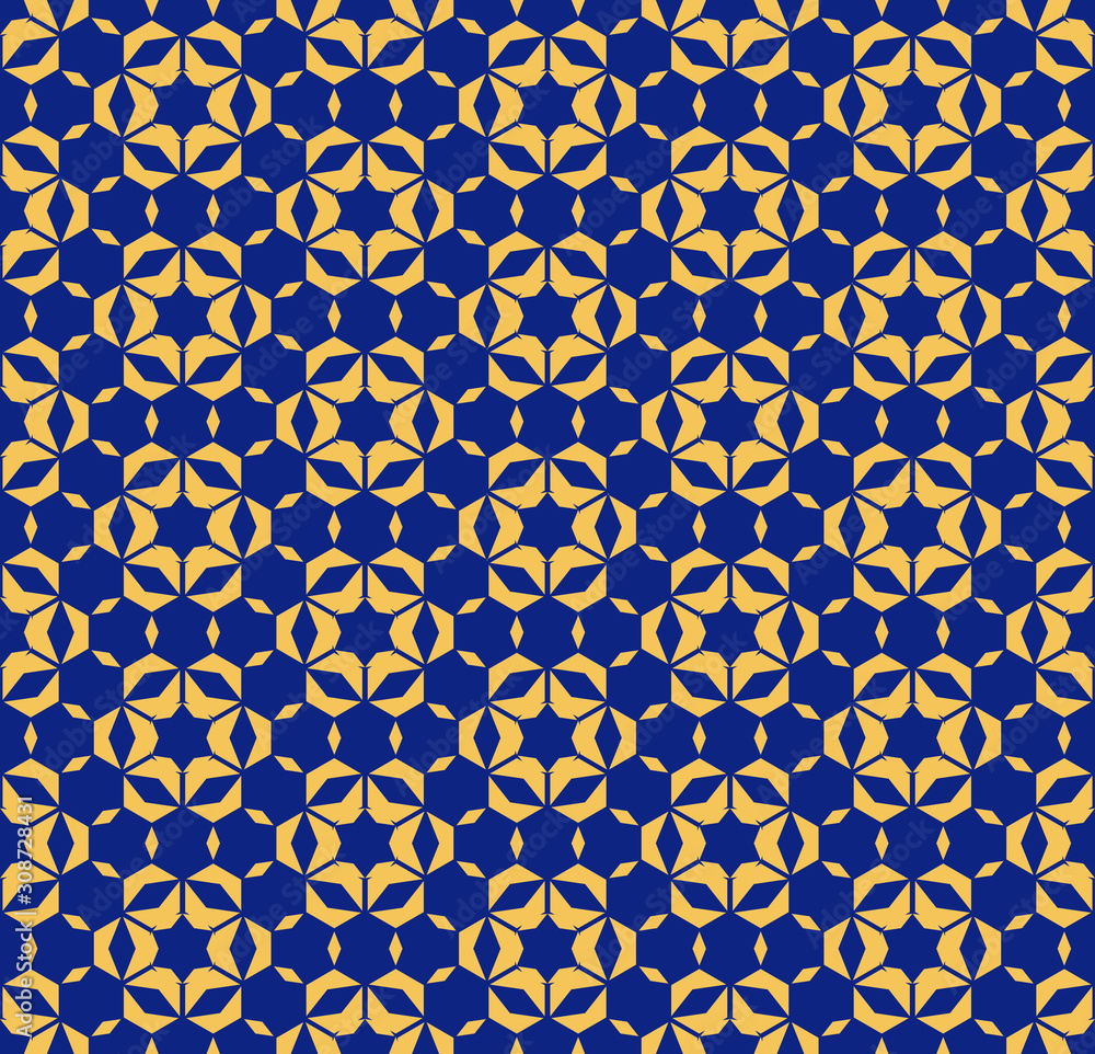 Fototapeten   - Abstraktes geometrisches nahtloses Blumenmuster mit sechseckigen Formen, Sternen, Blumenschattenbildern, Gitter, Masche. Vektor ornamentale Textur. Eleganter Hintergrund in marineblauen und gelben Farben. Entwurf wiederholen #308728431
