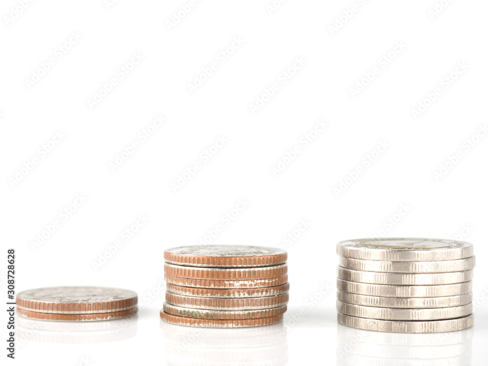 Business money coin stack on white backround.