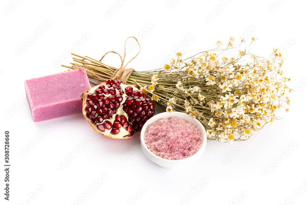 lavender spa products with pomegranate, lavender flowers on a isolated background. - obrazy, fototapety, plakaty 
