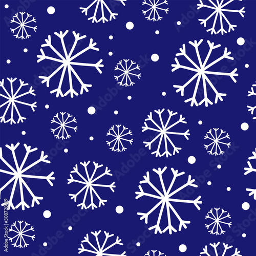A seamless vector pattern of white snowflakes on a blue trending background. Hand drawn Illustration. Holiday card, poster, wrapping paper.