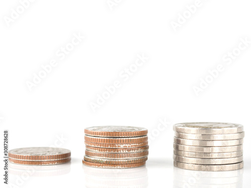 Business money coin stack on white backround.