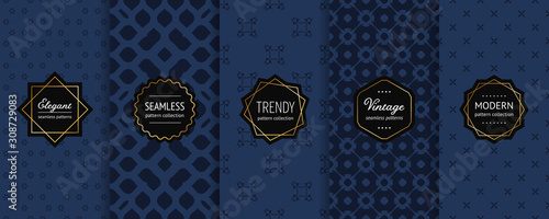 Luxury vector seamless pattern collection. Set of floral geometric background swatches with modern golden labels. Elegant abstract dark blue ornament textures. Premium design for decor, package, card