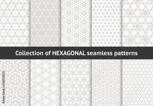 Subtle hexagon patterns collection. Vector geometric seamless textures with hex shapes, honeycombs, hexagonal grid. Set of delicate minimal abstract background swatches. Vintage repeatable design 