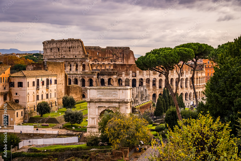 Beautiful Daylight Colosseum in Rome, cloudy, Italy