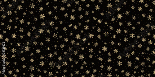 Golden snowflakes background . Luxury vector Christmas seamless pattern with small gold snow flakes on black backdrop. Winter holidays texture. Repeat design for decoration, wallpapers, web, cover