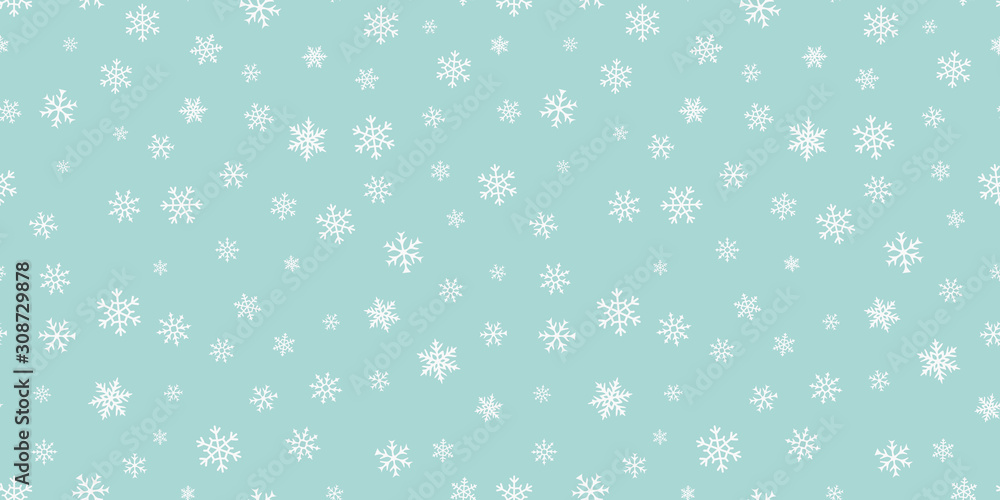 Vector snowflakes background. Simple Christmas and New Year seamless pattern with snow, different small white snowflakes on green background. Winter holidays theme. Design for decor, website, banner