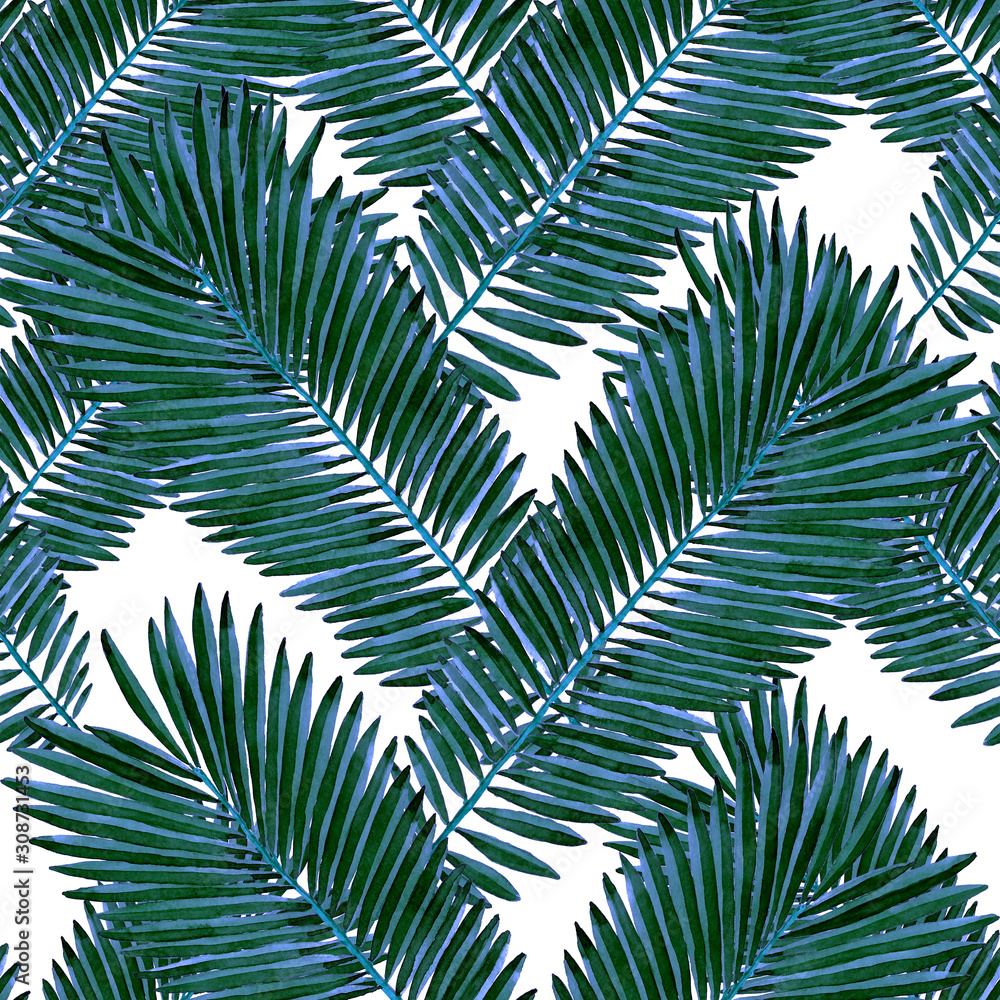 Fototapeta Watercolor seamless pattern with tropical leaves and flowers. Beautiful allover print with hand drawn exotic plants. Summer nature jungle print. Can be used for any kind of a surface design.
