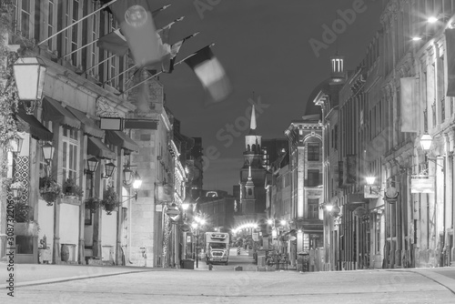 Old town Montreal at famous Cobbled streets at twilight