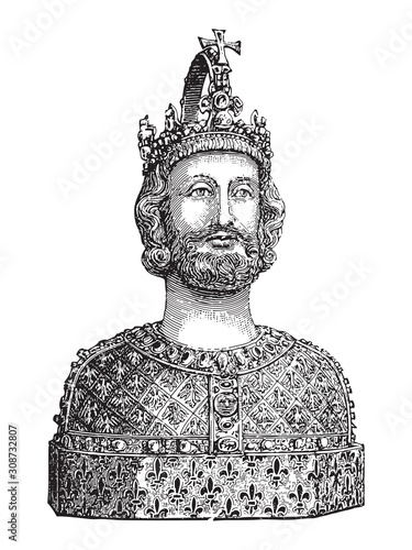 Torso king Charles the Great - Charlemagne King of the Franks / vintage illustration from Meyers Konversations-Lexikon 1897