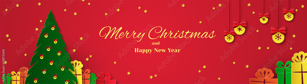 Horizontal banner with christmas tree, gifts, christmas balls. Design for advertising and social networks. Place for text. Paper cut