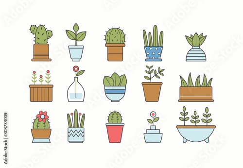 Various flower pots. Home plants and flowers. Minimalistic floral icons, logos. Colored vector set. Cartoon style, simple flat design. Trendy illustration. Every icon is isolated on a white background