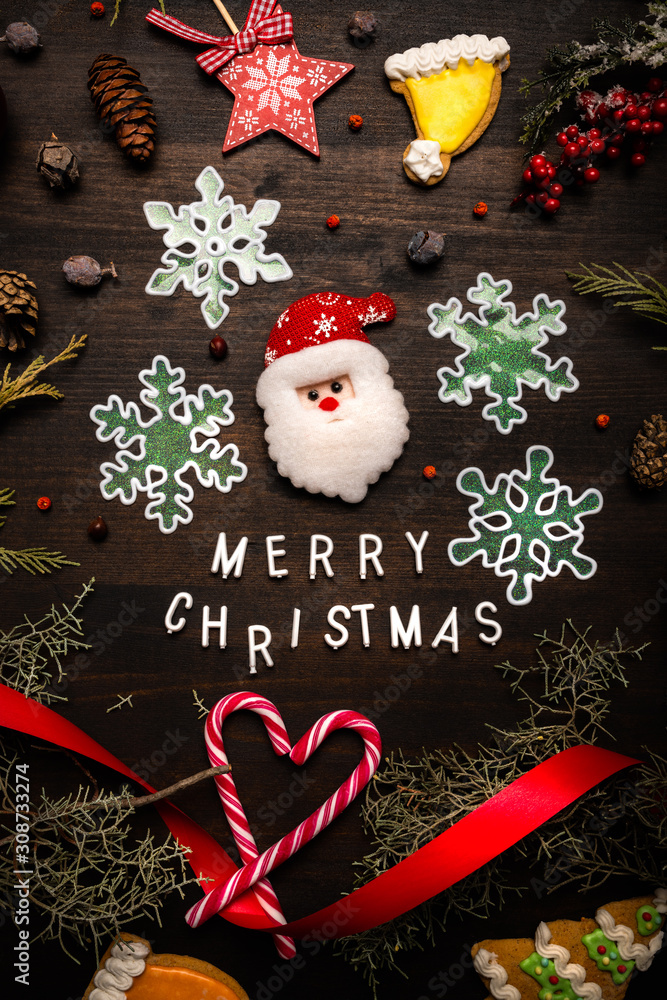 Merry Christmas message flat lay top view