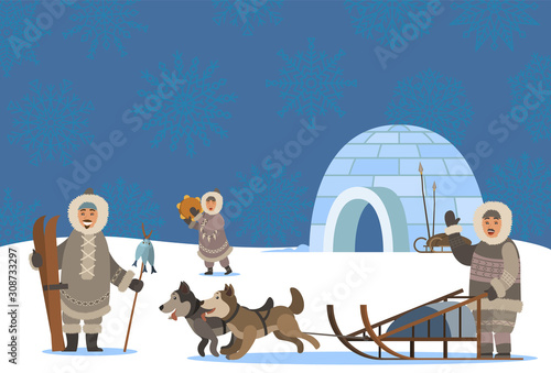 Settlement of arctic people. Characters living in cold climate. Igloo house made of ice cubes. Man traveling using sledges and husky dogs. Male with spire and hunted fish on stick, vector in flat