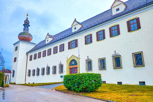 The facade of Orth Landschloss castle in Gmunden, Austria photo