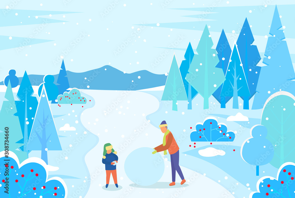 Father and son make snowball for snowman together. Family spend time actively in snowy forest. Man and kid walk in wood on winter holidays. Landscape with fir trees on background. Vector illustration