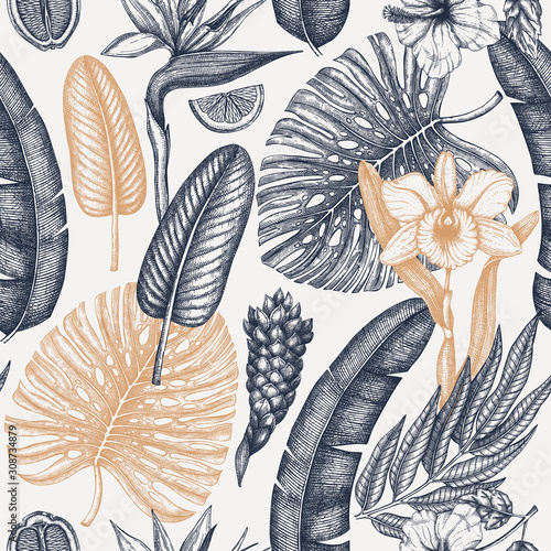 Tropical flora seamless pattern. Tropical plants, exotic flowers, citrus fruits, palm leaves sketches background. Hand drawn botanical backdrop for textile, wrapping paper, banner, packaging, fabric. photo