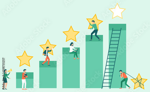 Teamwork success, get best services for business. Man and woman working, star symbol, employee reputation, rising steps with people, quality sign vector