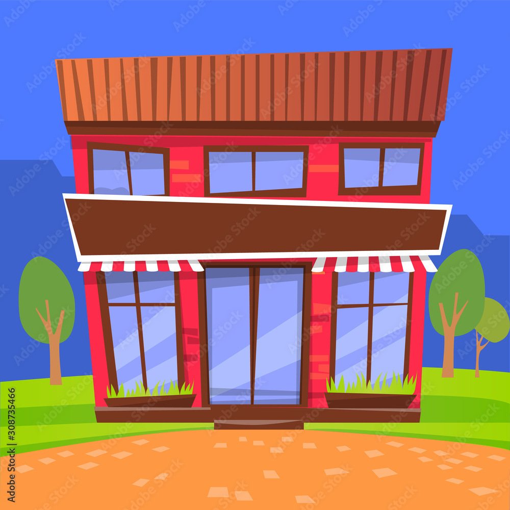 Facade of cafe with tent and windows. Two storey building located in city. Eatery or dinner, place to eat. Evening architecture of town. Night store surrounded by trees and greenery. Vector in flat