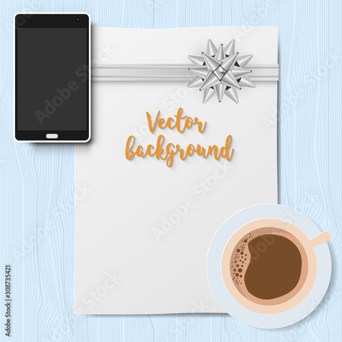 Vector Flat lay style greeting card with coffee cup and phone on wooden table