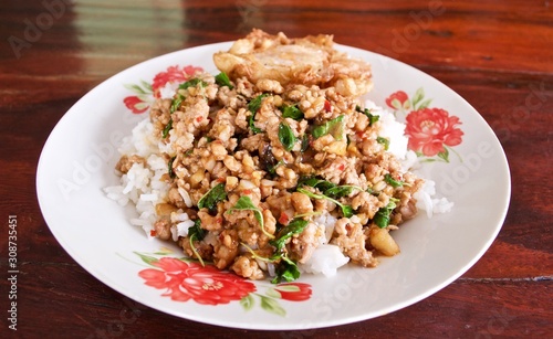 Stir fries Ground pork with chili and Thai hot basil (Thai street food : Pad Kra Praow Moo)