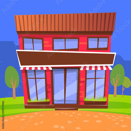 Fototapeta Naklejka Na Ścianę i Meble -  Facade of cafe with tent and windows. Two storey building located in city. Eatery or dinner, place to eat. Evening architecture of town. Night store surrounded by trees and greenery. Vector in flat