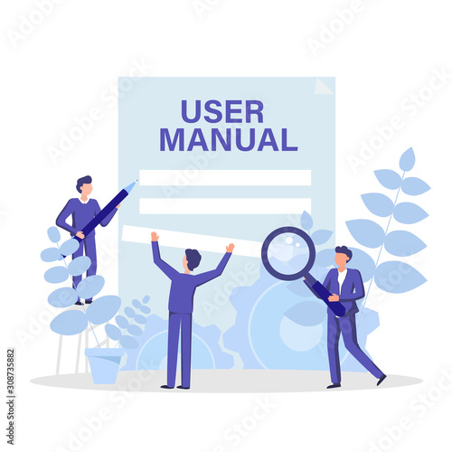 User manual concept flat illustration. People working, discussing and create guide book, instruction.
