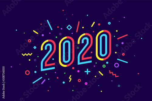 2020, Happy New Year. Greeting card with Happy New Year 2020. Geometric memphis bright style for Happy New Year 2020 or Merry Christmas. Holiday background, poster. Vector Illustration