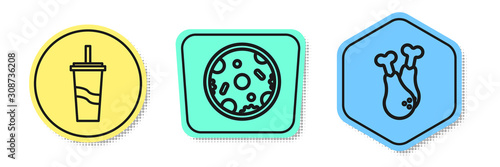 Set line Paper glass with drinking straw and water, Pizza and Chicken leg. Colored shapes. Vector