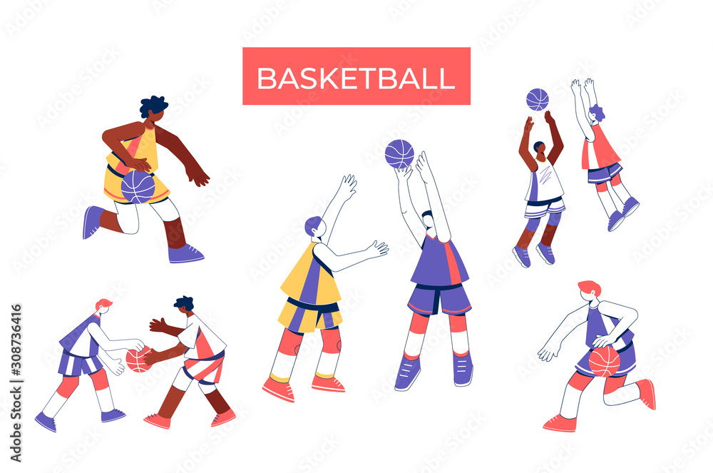 Men playing basketball collection. Girls train to dribble, throw and block shot. 