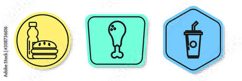 Set line Bottle of water and burger, Chicken leg and Paper glass with drinking straw and water. Colored shapes. Vector