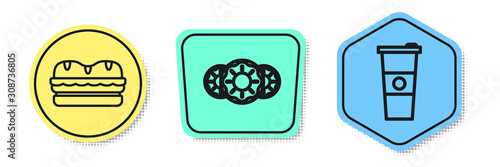 Set line Sandwich, Donut with sweet glaze and Paper glass and water. Colored shapes. Vector