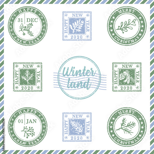 Set of vintage textured grunge christmas stamp rubber with holiday symbols in red, green and blue colors. For xmas greeting card, invitations, web banner, sale flyers retro design