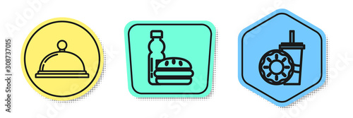 Set line Covered with a tray of food, Bottle of water and burger and Paper glass with drinking straw and donut. Colored shapes. Vector