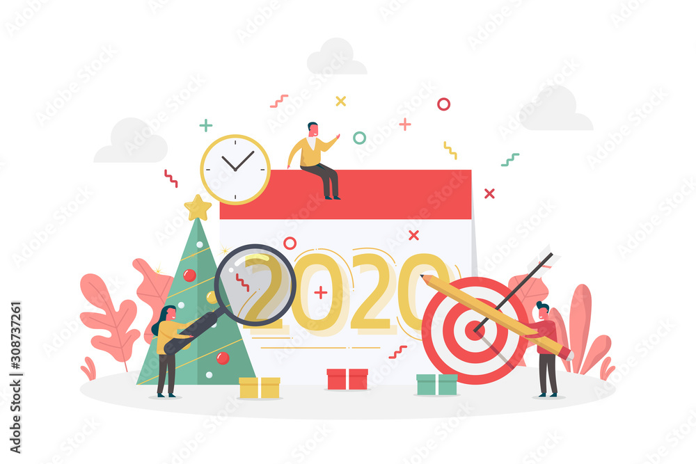 Obraz premium concept of new year two thousand twenty planner with teamwork tiny people and pine tree, flat vector illustration for web, landing page, ui, banner, editorial, mobile app and flyer.