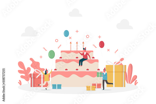 concept of birthday cake celebration with happy tiny people and large presents, flat vector illustration for web, landing page, ui, banner, editorial, mobile app and flyer.