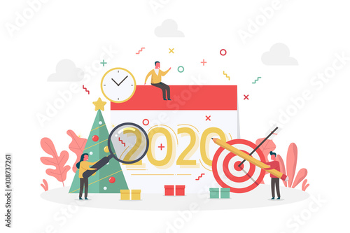 concept of new year two thousand twenty planner with teamwork tiny people and pine tree, flat vector illustration for web, landing page, ui, banner, editorial, mobile app and flyer.