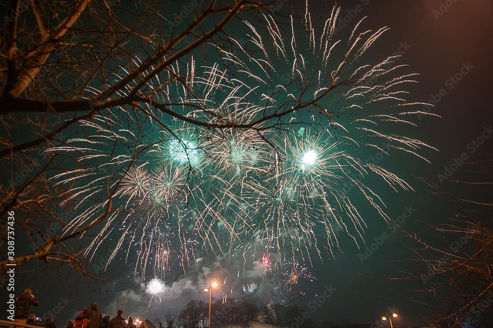 Fototapeta premium dark green new year's eve fireworks