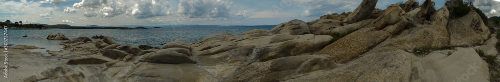 Seaside in Greece with beautiful rocks, Halkidiki, Vourvourou,panorama