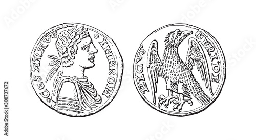 Roman coin Augustale - Frederick II (1215-1250) / vintage illustration from Meyers Konversations-Lexikon 1897