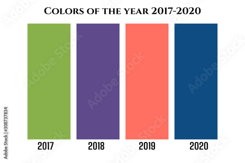 Concept of the main color trends 2017 Greenery , 2018 Ultra Violet, 2019 Living Coral, 2020 Classic Blue