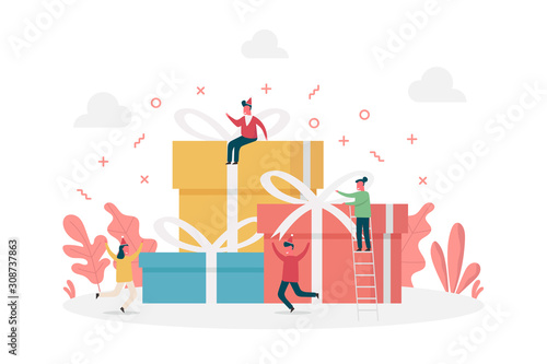 concept of new year or birthday gifts celebration with happy tiny people and large presents, flat vector illustration for web, landing page, ui, banner, editorial, mobile app and flyer.