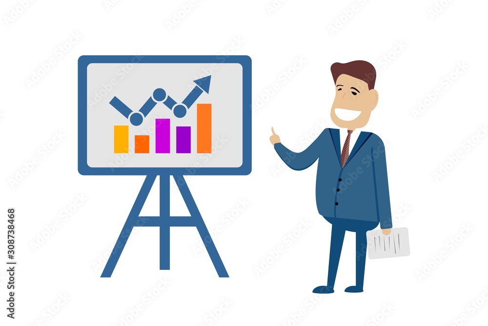 A man stands in front of a display, fingering a chart of economic growth. A man stands in front of a display, fingering a chart of economic growth.