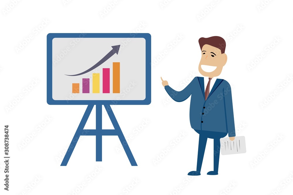 A man stands in front of a display, fingering a chart of economic growth. A man stands in front of a display, fingering a chart of economic growth.