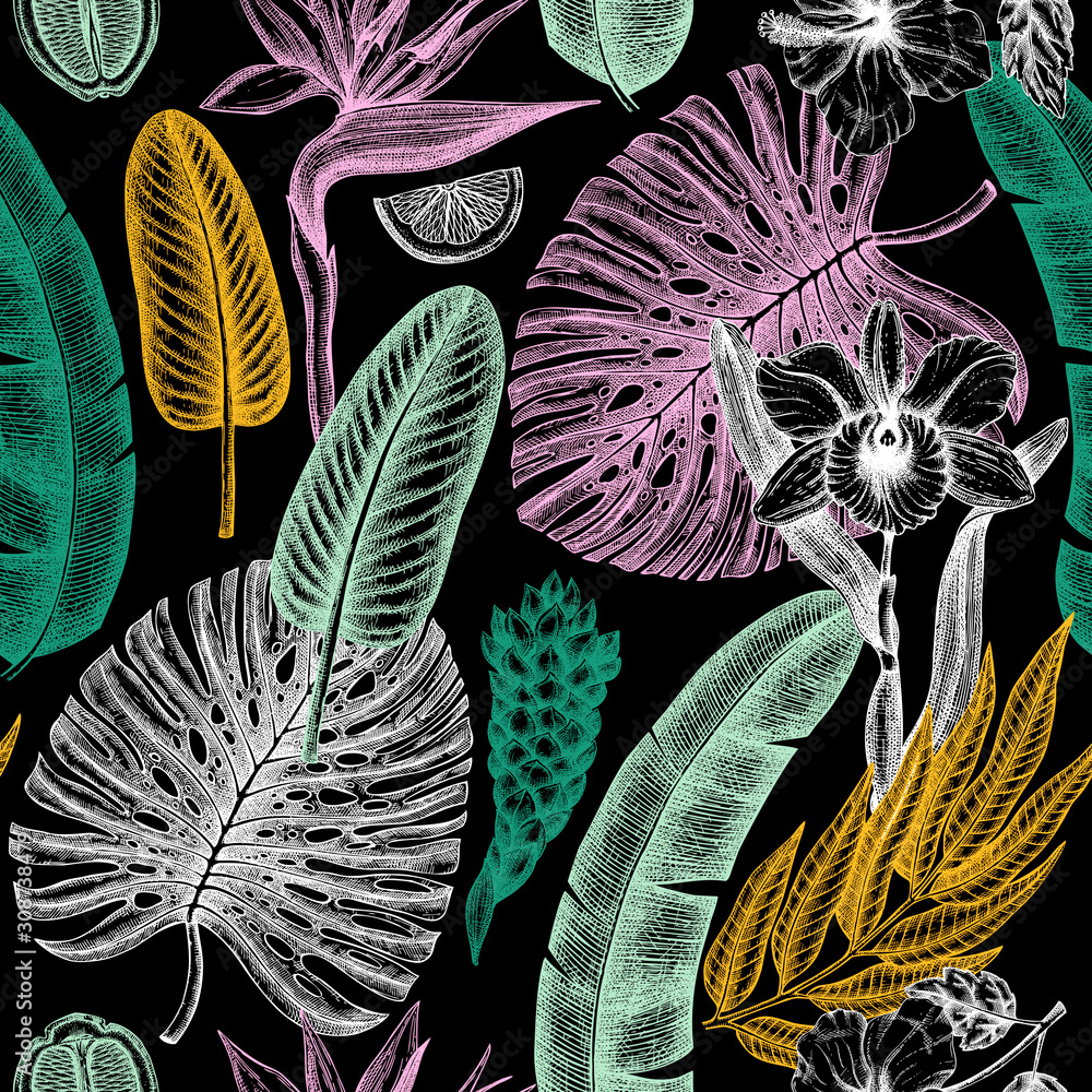 Naklejka Tropical flora seamless pattern. Tropical plants, exotic flowers, citrus fruits, palm leaves sketches background. Hand drawn botanical backdrop for textile, wrapping paper, banner, packaging, fabric.