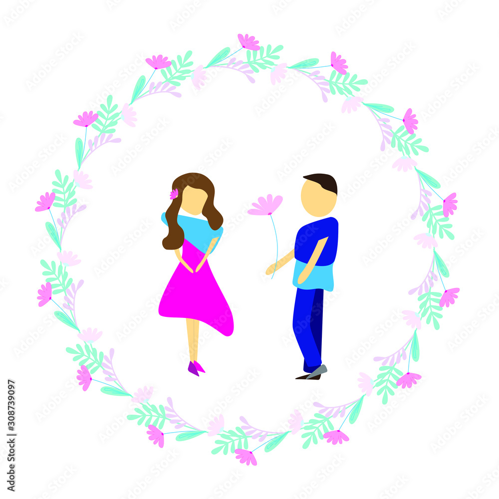 People in love in floral round frame. Young man gives a young woman a flower as Valentine's Day or Birthday gift. Isolated vector illustration on a white background in flat style. People in love in floral round frame. Young man gives a young woman a flower as Valentine's Day or Birthday gift. Isolated vector illustration on a white background in flat style.