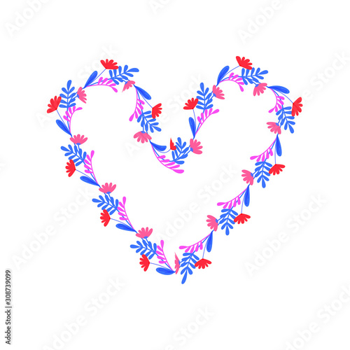 Heart-shaped frame made of blue and pink flowers. Isolated stock vector on white background, For wrapping paper, scrap booking and printed matter, copy space, invitation, greeting cards, posters.