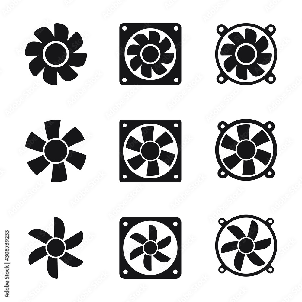 Cooling fan icons. Cool fans vector symbols, electrical air industry signs, electric wind climate industrial propellers with blades Cooling fan icons. Cool fans vector symbols, electrical air industry signs, electric wind climate industrial propellers with blades