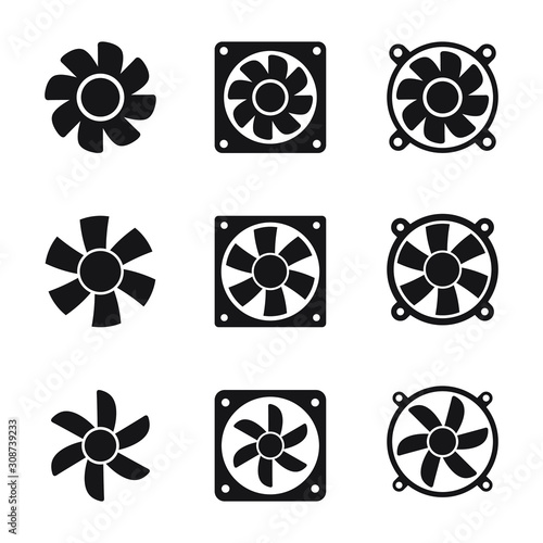 Cooling fan icons. Cool fans vector symbols, electrical air industry signs, electric wind climate industrial propellers with blades