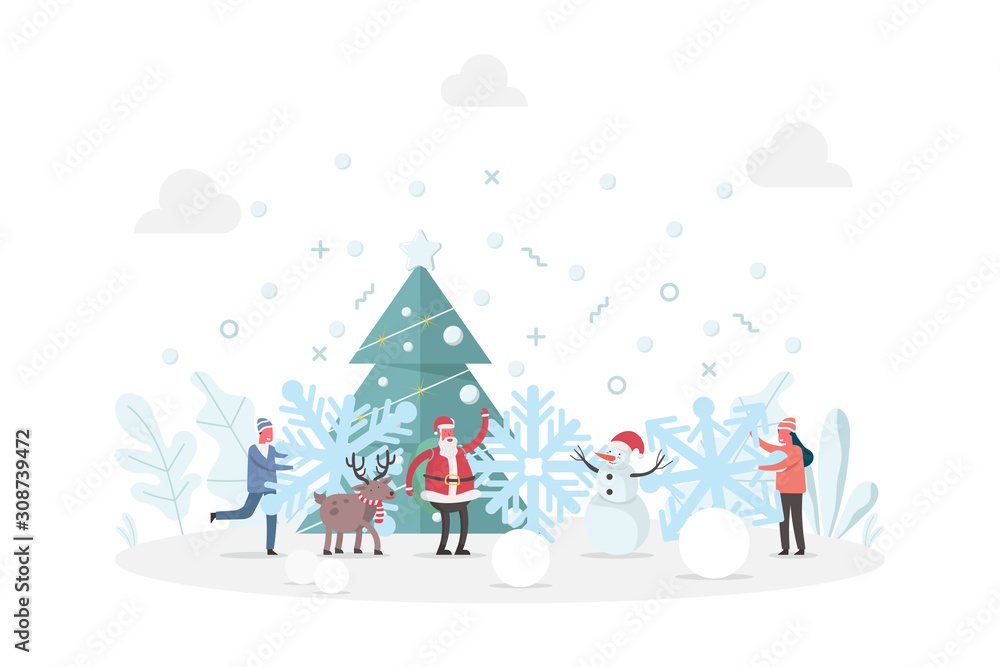 concept of winter celebration and Merry Christmas with Santa Claus, pine tree and tiny people, flat vector illustration for web, landing page, ui, banner, editorial, mobile app and flyer.